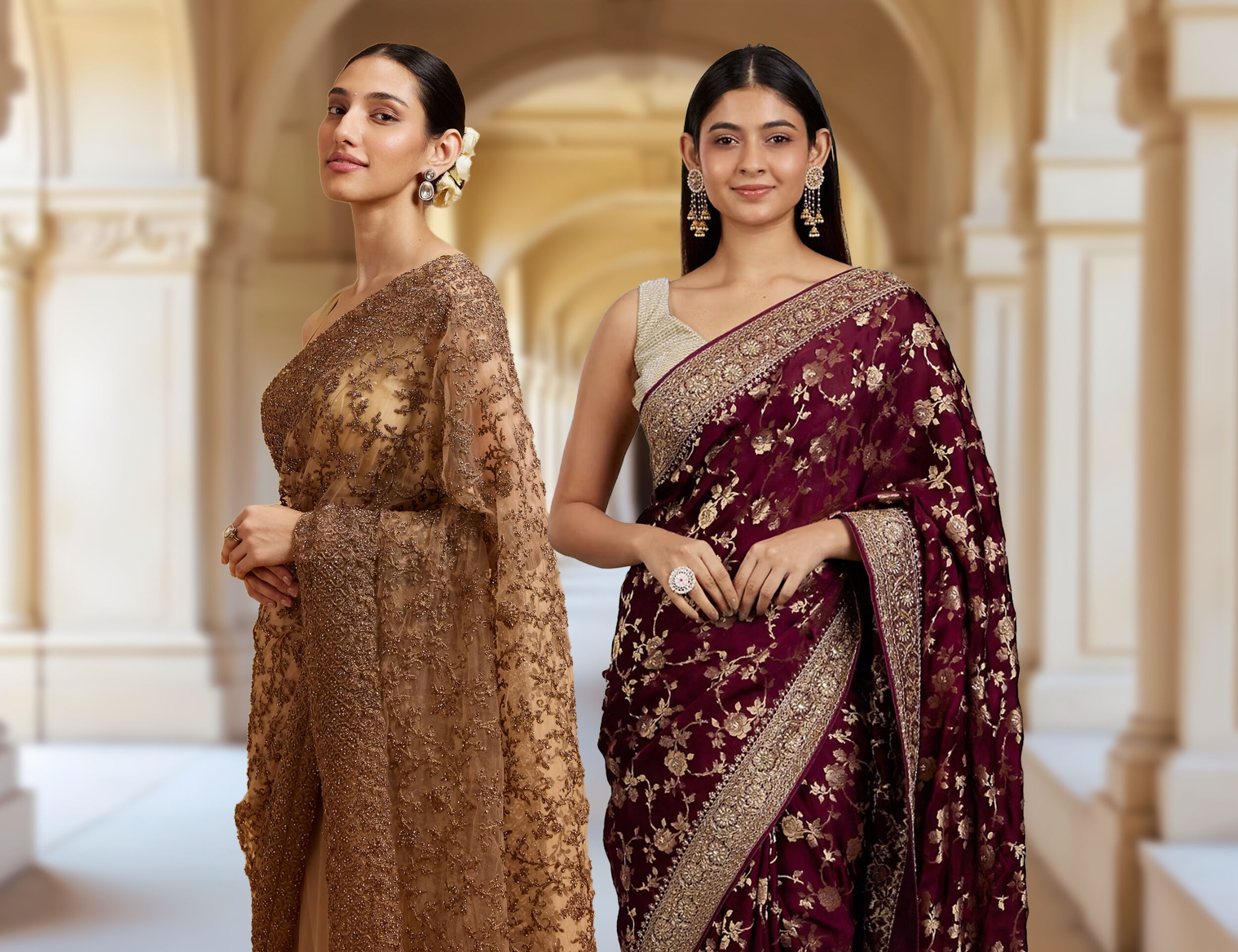Women flaunting traditional red and gold zari sarees, a classic choice for brides.